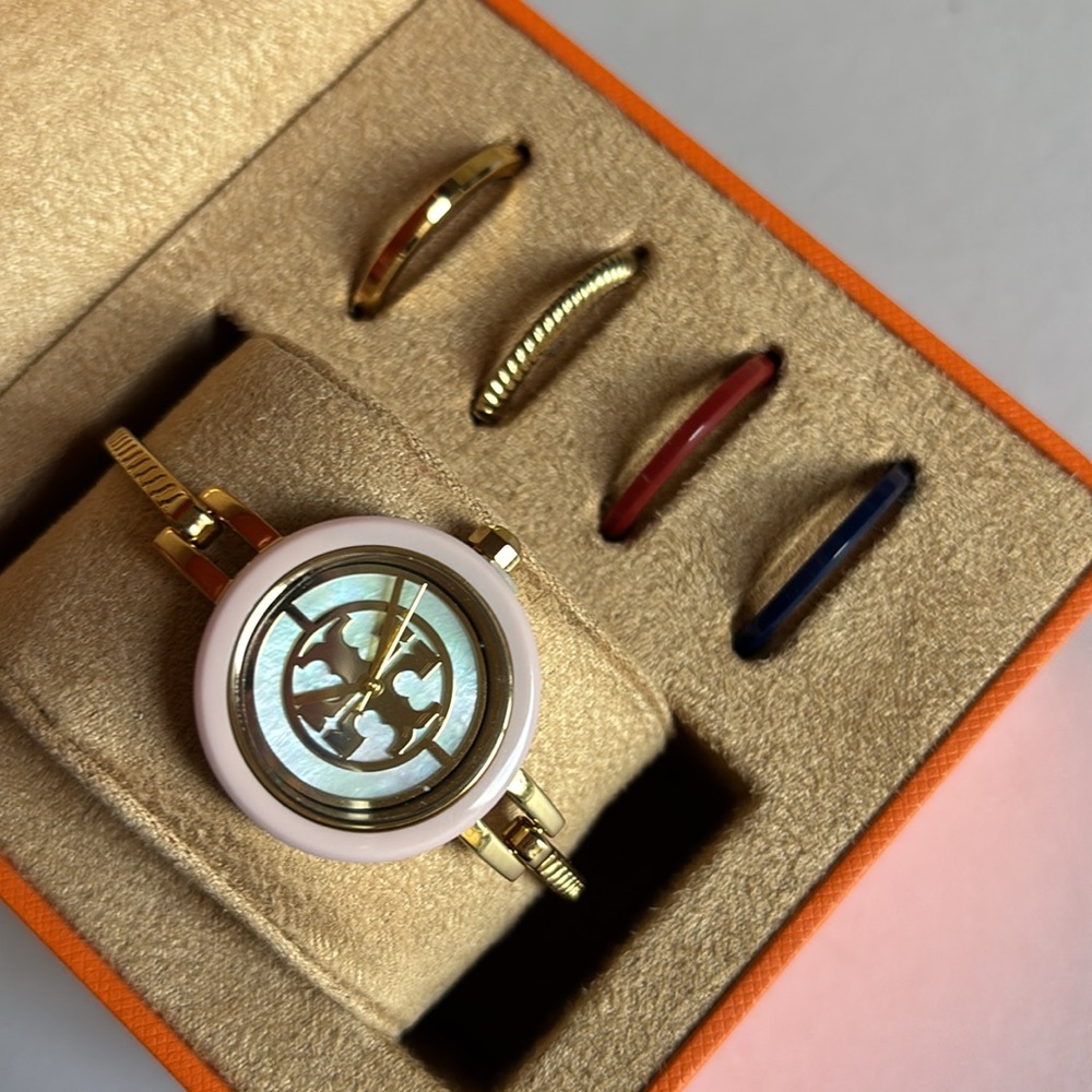 Tory Burch Reva Gold-Tone Stainless Steel Bangle Bracelet Watch 27mm Gift Set - Picture 9 of 13